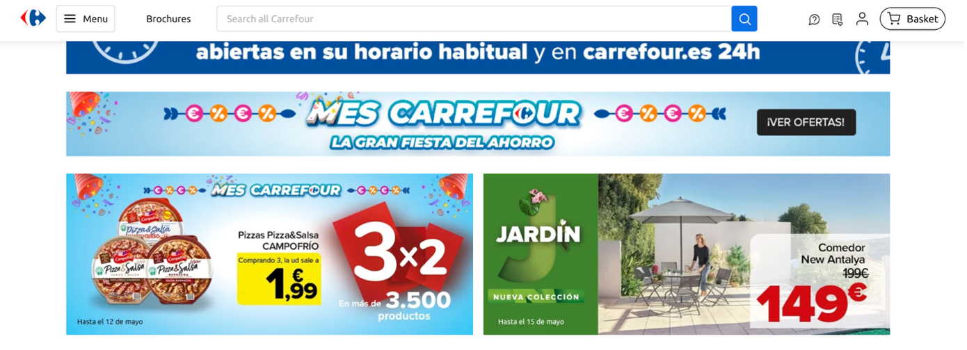 Carrefour.es -przykład nieprecyzyjne opisanych grafik na stronie głównej. Niebieska grafika po lewej stronie została opisana jako “3x2”. Natomiast grafika po prawej stronie jako ‘Jardin’ czyli ‘ogród’