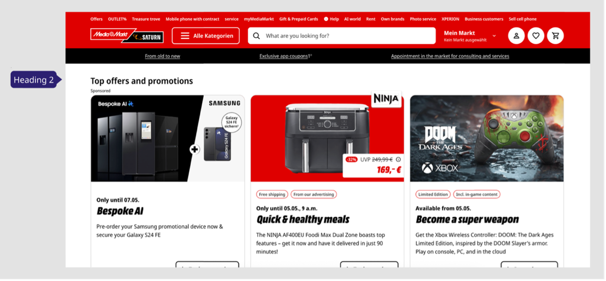 Na stronie niemieckiego Media Markt brakuje nagłówka pierwszego stopnia (H1). Pierwszy nagłówek jest poziomu H2