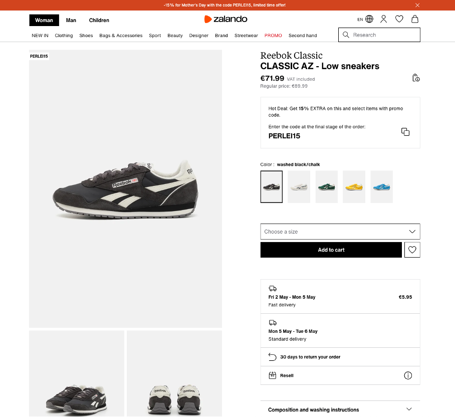 Przykład strony detalowej produktu na stronie Zalando