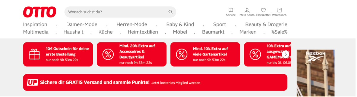 Na stronie jednego z większych niemieckich ecommerce, poszczególne pozycje nawigacji, czyli kluczowego elementu w sklepie, nie mają wystarczającego kontrastu